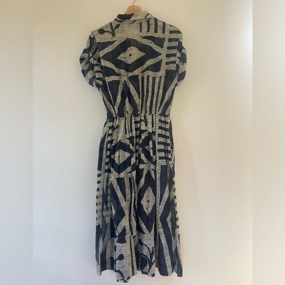 Vintage Willi of California Navy Blue and Beige Graphic Retro Midi Dress 80s 90s - Picture 5 of 7
